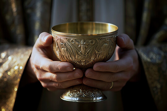Image generated with AI. Front view of a priest lifting the holy grail