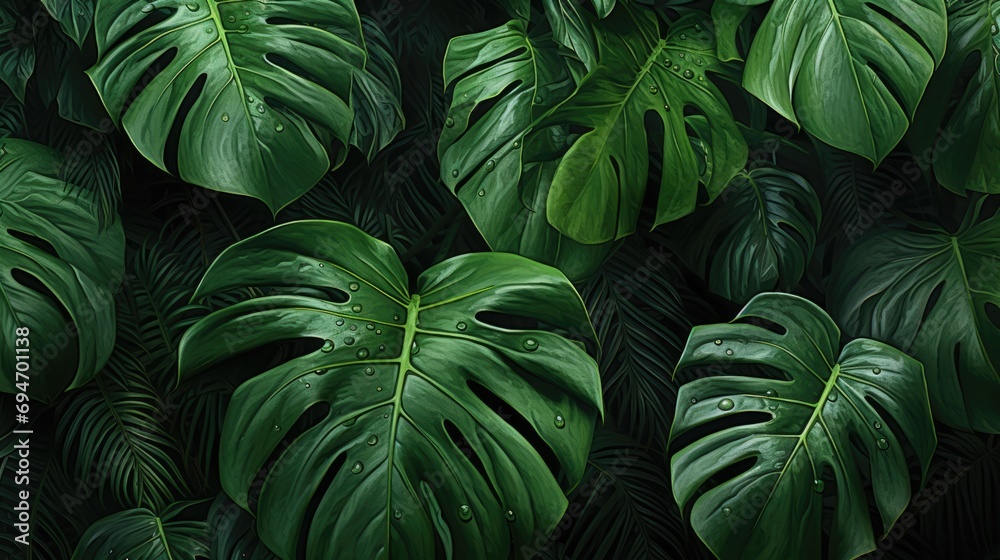 Wall mural green leaves of monstera plant growing in wild, the tropical forest plant, evergreen vine on black b