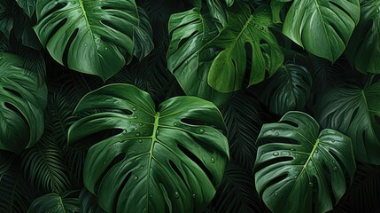 Green leaves of Monstera plant growing in wild, the tropical forest plant, evergreen vine on black background.  - obrazy, fototapety, plakaty