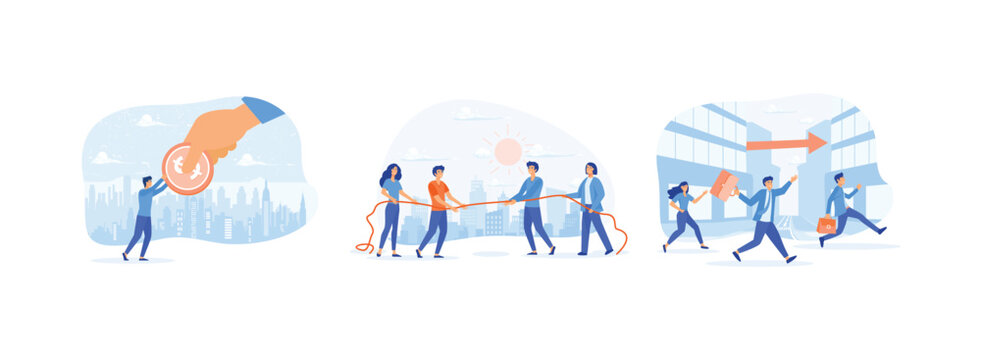 Business competition with large investors, People on business competition, business persons racing on the arrows. Business competition set flat vector modern illustration 