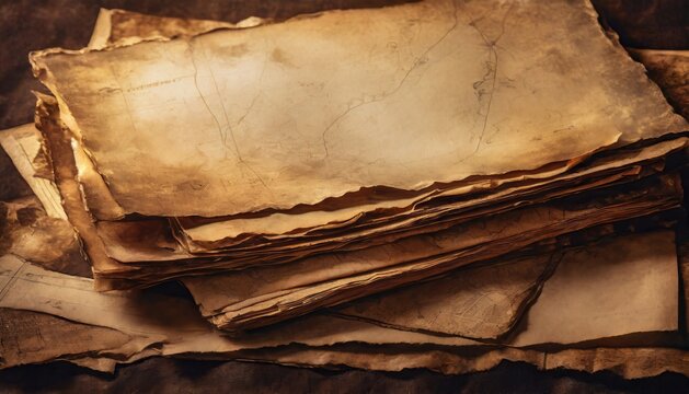 very old, stained, grungy stack of paper, antique Steampunk themed imagery and scenes or as a background for an old map 