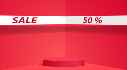 red podium with sale text background in the red room	
