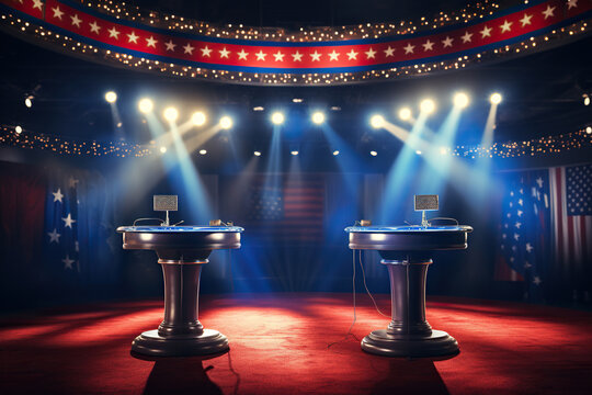 Wooden stands with debate microphones in a brightly lit studio. Political debates before the elections. Generative AI