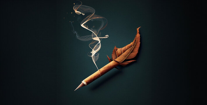 burning incense stick on black, feather grass isolated on black, smoking cigar on the tip of an arrow, 