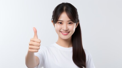 asian woman showing thumb up in approval, isolated on white background