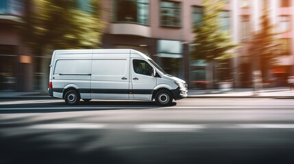 Delivery van delivers fast in a city,Online transportation, delivery concept,