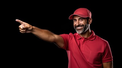 Naklejka premium Deliveryman pointing fingers left, showing banner isolated on white background ,