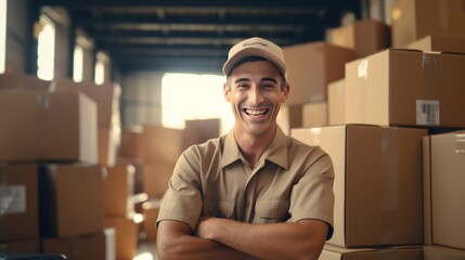 Deliveryman say yes, looking happy ,Against the background of many cardboard boxes