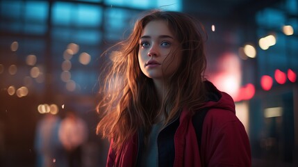 Fototapeta premium Melancholic beautiful Young girl on the street, bokeh. Generation Z. Difficult adolescence. Romantic mood