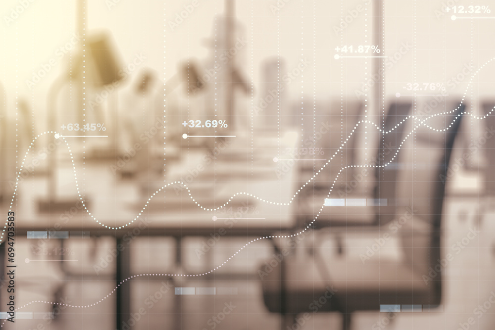 Poster Abstract virtual stats data hologram on a modern furnished office background. Multiexposure