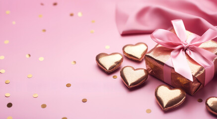 Elegant Gift Surrounded by Golden Hearts. A sparkling gift wrapped with a soft pink ribbon, amidst shimmering golden hearts on a delicate pink backdrop