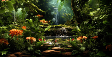 waterfall in the park, waterfall in the forest, tropical rainforest waterfall forest bright green
