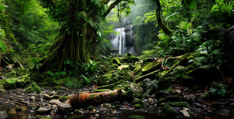 waterfall in the forest, tropical rainforest waterfall forest bright green