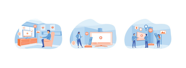 Smart TV. Tiny people watch video with remote control and television multimedia box. Smart tv technology. Smart TV set flat vector modern illustration 