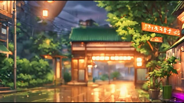 Fantasy lovely anime home town house. Evening time and light blowing on old chinese house. Anime lofi live wallpaper. Seamless loopable 4k animation footage