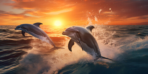 Two dolphins beautifully jump out of the water together in the sea at sunset background