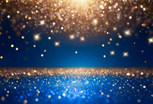 Festive golden lights sparkle falling on a blue background, and golden and blue glitter on the floor. Background, Backdrop, Wallpaper.