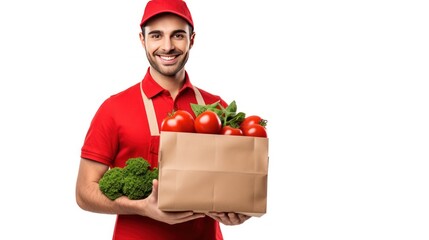 food delivery man in uniform handing fresh fresh vegetables in paper bag