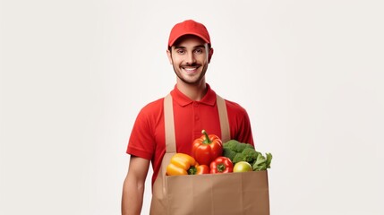 food delivery man in uniform handing fresh fresh vegetables in paper bag