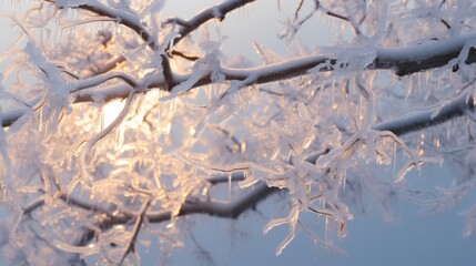 The sun is shining through the ice covered branches