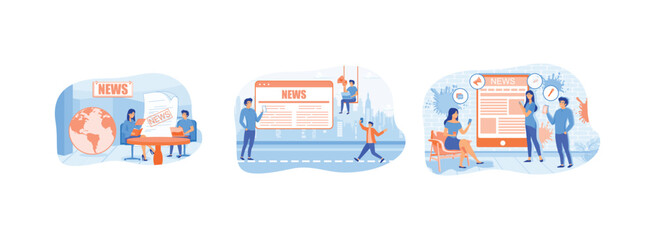 Online news. Online news mobile app. Online reading news. Online news set flat vector modern illustration 