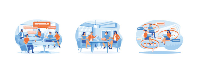 Group of People Discussing business. Meeting of colleagues.  Discussing business, news. Discussing business set flat vector modern illustration 
