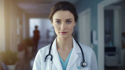 Portrait of female doctor with stethoscope at hospital corridor.