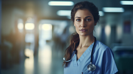 Obraz premium Portrait of confident female doctor with stethoscope in hospital corridor