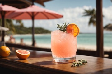 Obraz premium Cocktail with orange and rosemary on a tropical beach.