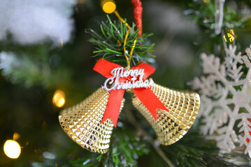 Royalty high quality free stock photo of Christmas tree with a lot of decoration on cool tone