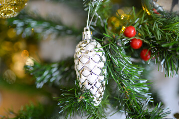 Royalty high quality free stock photo of Christmas tree with a lot of decoration on cool tone