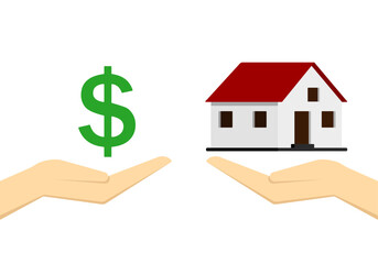 Obraz premium Buying a house. Dollar sign and houses on hands. Vector illustration