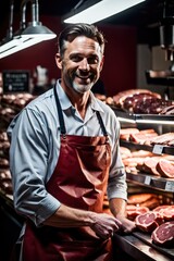 Fototapeta premium The meat seller behind the counter. A brutal meat seller