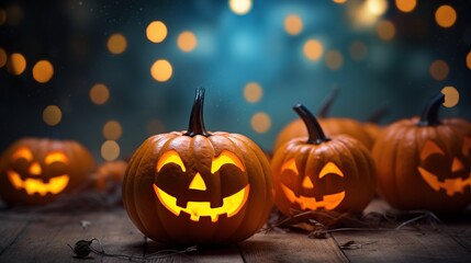 Halloween pumpkins on a wooden bench with bokeh light. Generative AI