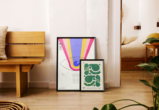 Mockup of two customizable vertical black artwork frames