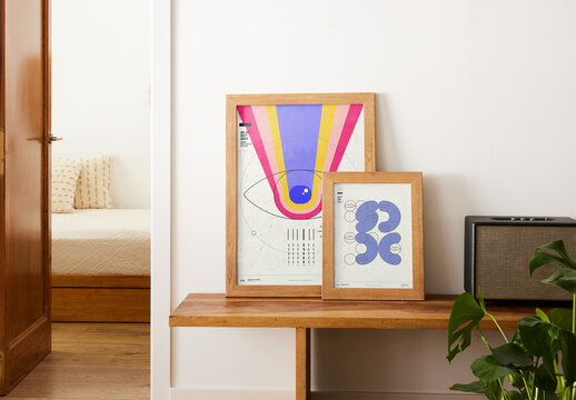 Mockup of two customizable vertical wood artwork frames
