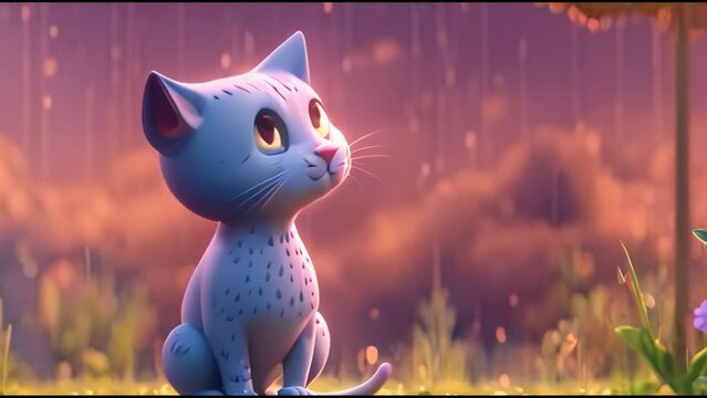 Illustration of Cat enjoying and looking rain drops. Flickering Lights, Changing Sky, Looping. Animated Background / Wallpaper. Backdrop. Seamless Loop. Anime live wallpaper
