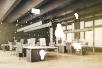 Double exposure of social network icons hologram on a modern furnished office interior background....
