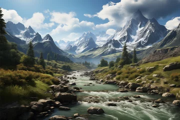 Peel and stick wall murals Himalayas Serene-landscape-with-river-and-mountains,-cinematic-beauty,-tranquil-escape-into-nature's-embrace. mountain river in the Himalayas
