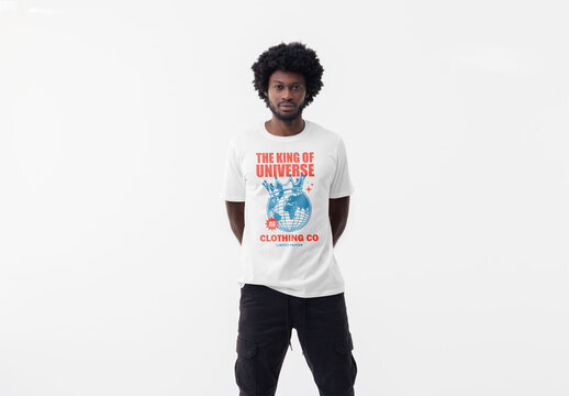 Mockup of black man in studio wearing customizable t-shirt