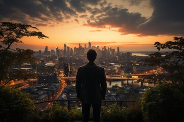 Fototapeta premium Isolated man on a rooftop, contemplating the beauty of a springtime sunset against the city skyline, Generative AI