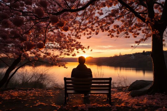 Lone man sitting on a park bench, watching the vibrant spring sun dip below the horizon, Generative AI