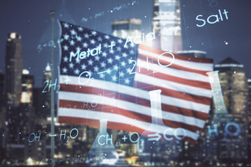 Abstract virtual chemistry illustration on US flag and skyline background, science and research concept. Multiexposure