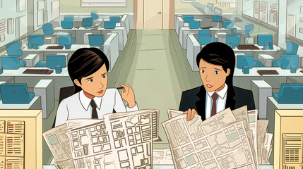 A pair of new interns lost in a labyrinth of office cubicles, looking at a building map.