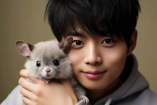 Solo portrait of a teenager with his adorable pet chinchilla, creating a cute and heartwarming image