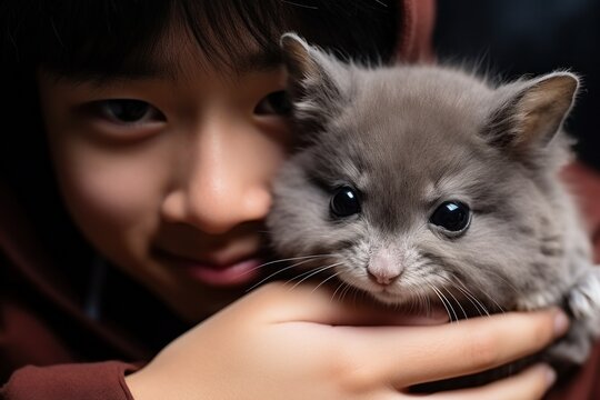 Solo portrait of a teenager with his adorable pet chinchilla, creating a cute and heartwarming image