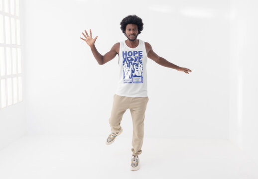 Mockup of man wearing customizable vest dancing