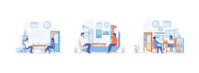 Woman at the doctors appointment, Patient in the doctor’s office, Patient having Consultation about Disease Symptoms with Doctor Therapist in Hospital. Medical Consultation set flat vector modern illu