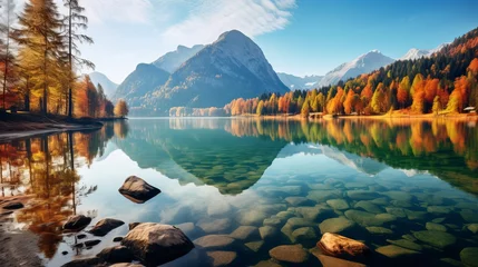 Deurstickers A picturesque autumnal landscape unfolds at Hintersee Lake, offering a vibrant morning view of the Bavarian Alps near the Austrian border in Germany, Europe © Yusif