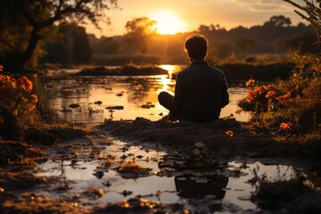Introspective figure by a river, enjoying the tranquility of a spring sunset in the countryside, Generative AI 